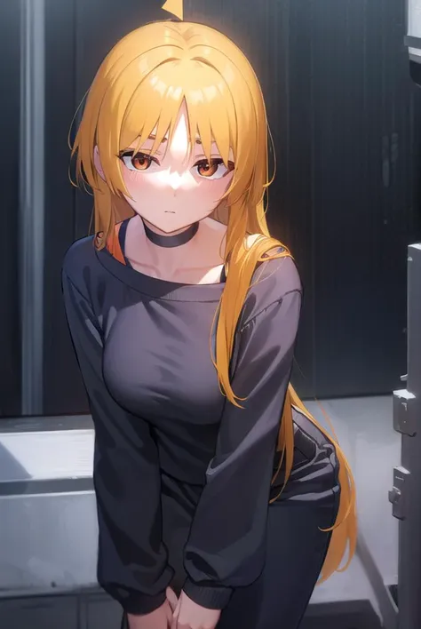 seikaijichi, <lyco:seikaijichi-lyco-nochekaiser:1>, 
seika ijichi, ahoge, blonde hair, yellow hair, long hair, (orange eyes:1.5), parted bangs, sidelocks,
BREAK black footwear, black shirt, choker, high heels, long sleeves, pants, shirt, striped, striped p...