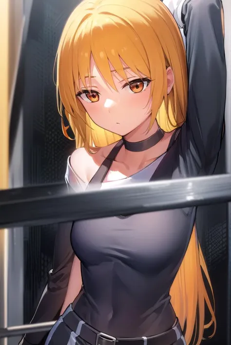 seikaijichi, <lyco:seikaijichi-lyco-nochekaiser:1>, 
seika ijichi, ahoge, blonde hair, yellow hair, long hair, (orange eyes:1.5), parted bangs, sidelocks,
BREAK black footwear, black shirt, choker, high heels, long sleeves, pants, shirt, striped, striped p...