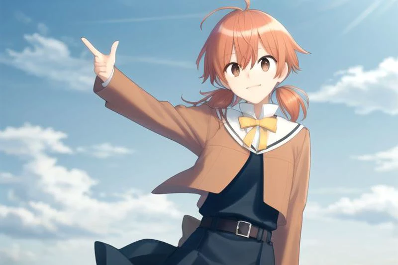 absurdres, highres, ultra detailed, solo, 1girl, upper body, <lora:00L0fT0k0j0C:1>, (brown eyes, ahoge, short twintails, low twintails, orange hair:1.4), flat chest, small breasts, BREAK school uniform, white sailor collar, BREAK brown jacket, brown sleev...