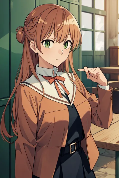 absurdres, highres, ultra detailed, solo, 1girl, <lora:やがて君になるC:1>, (green eyes, very long hair, french braid, half updo, bangs, light brown hair:1.4), huge breasts, BREAK school uniform, white sailor collar, BREAK brown jacket, brown sleeves, BREAK red bo...