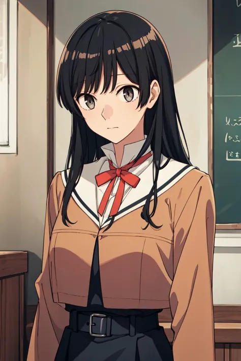 absurdres, highres, ultra detailed, solo, 1girl, <lora:やがて君になるC:1>, (gray eyes, bangs, long hair, black hair:1.4), large breasts, BREAK school uniform, white sailor collar, BREAK brown jacket, brown sleeves, BREAK red bow, red ribbon, BREAK black shirt, bl...