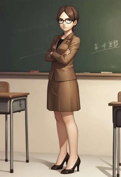 score_9, score_8_up, score_7_up, source_anime, 1girl, looking at viewer, crossed arms, frown, <lora:zs_UsamiXL:1> usamip5, brown hair, brown eyes, braid, glasses, blazer, skirt, classroom, chalkboard, high heels