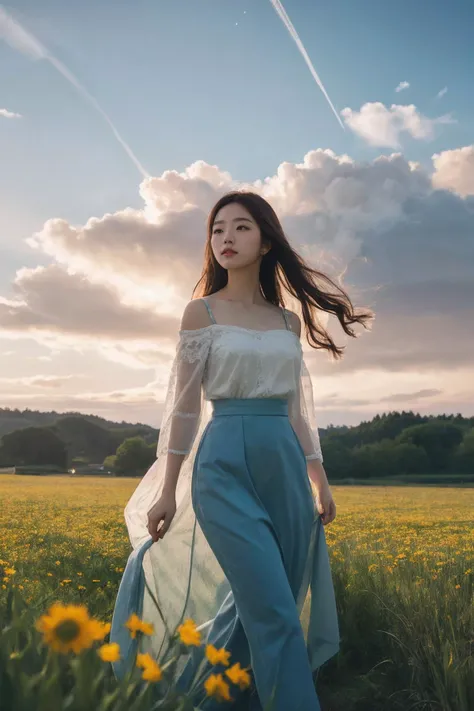 masterpiece,8k,incredibly_absurdres,best quality,depth field,photorealistic,ultra highres,real picture,(realistic:1.2),
1girl,(solo:1.2), (cute korean Ethereal Female), (film grain:1.2), Meadow, Sun, Clouds, Field, Farming, Starlight, Walking trail
simple ...