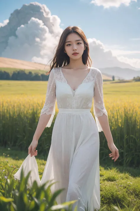 masterpiece,8k,incredibly_absurdres,best quality,depth field,photorealistic,ultra highres,real picture,(realistic:1.2),
1girl,(solo:1.2),(cute korean Ethereal Female),(film grain:1.2),Meadow,Sun,Clouds,Field,Farming,Starlight,Walking trail,
simple backgrou...