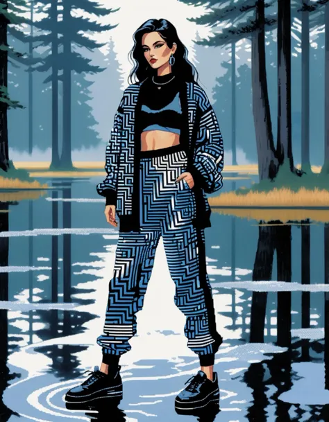 MacPaint Woman Flaunting a unique, oversized knit cardigan with geometric patterns and matching joggers, Soft, water ripple reflections,  pixel art <lora:Macpaint-XL:1>