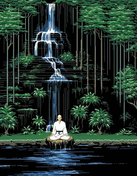 MacPaint pixel image of a monk meditating in front of a waterfall, pixel art, best quality, 80s, minimalist, <lora:Macpaint-XL:1>