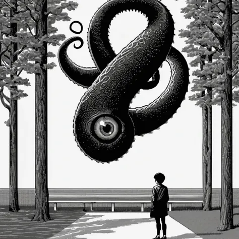 <lora:Macpaint-XL-000015:1>, Macpaint, black and white pixel image a tentacle monster with a giant eye scared of a chihuaha in the park, pixel art, best quality, 80s, minimalist,