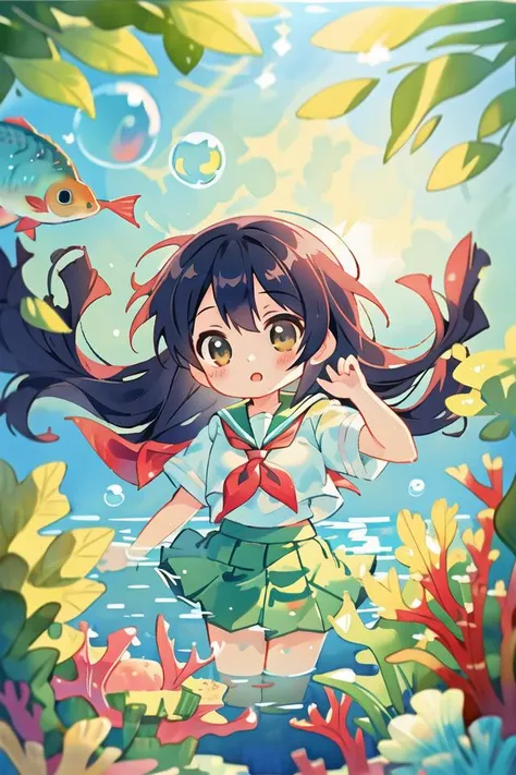 bubble,rating:safe,air_bubble,underwater,1girl,fish,long_hair,submerged,school_uniform,serafuku,solo,water,skirt,neckerchief,sho...