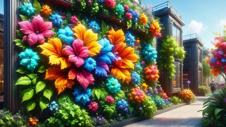 brightly colored flowers decorate the side of a building in a city