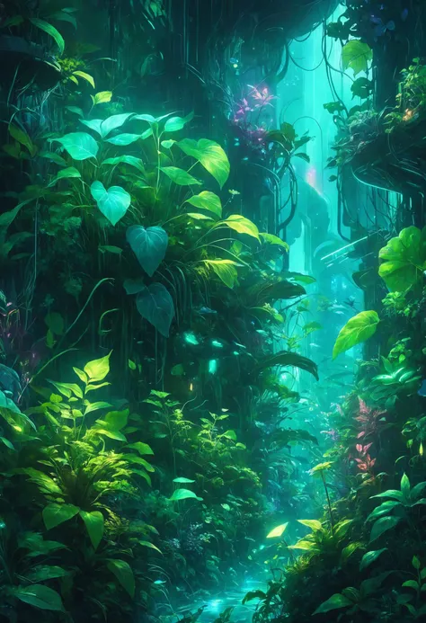 a view of a jungle with lots of plants and water