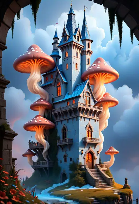 a painting of a castle with mushrooms growing out of it