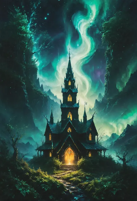 a painting of a castle with a green sky and a green light