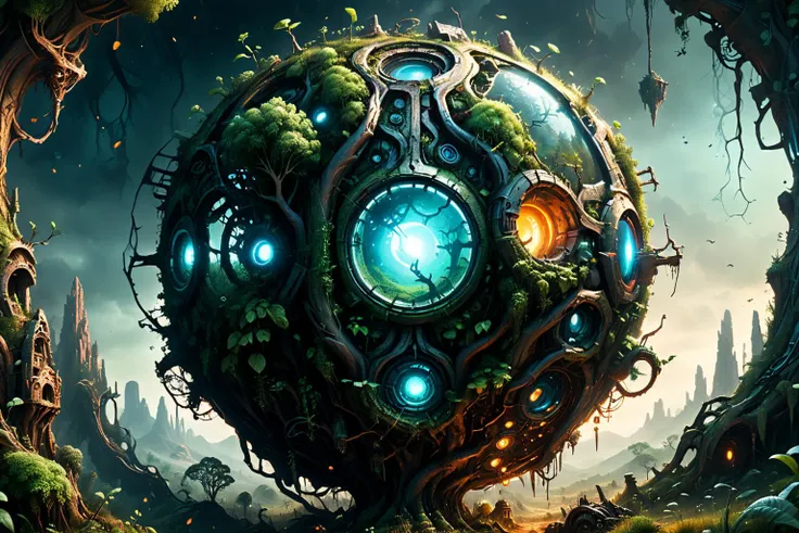 a close up of a sphere with a clock on it in a forest