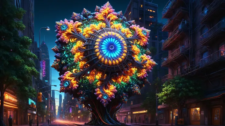 a close up of a tree with a colorful flower on it