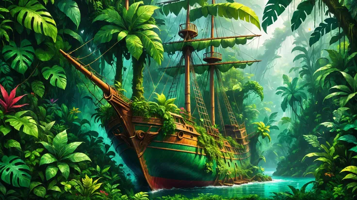 a painting of a ship in the jungle with a waterfall