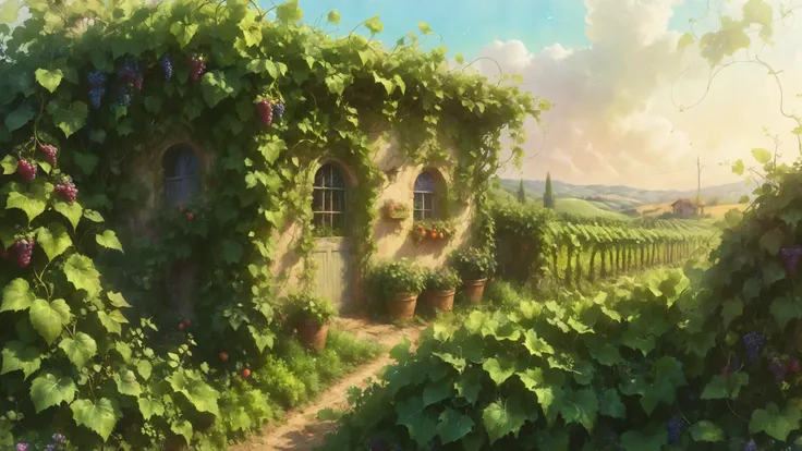 A vine-covered cottage in the heart of a Tuscan vineyard, where rows of grapevines stretch as far as the eye can see, and a warm breeze carries the scent of ripening fruit, Quantum codebreaker decrypting secure transmissions in the foreground, ral-colorswi...