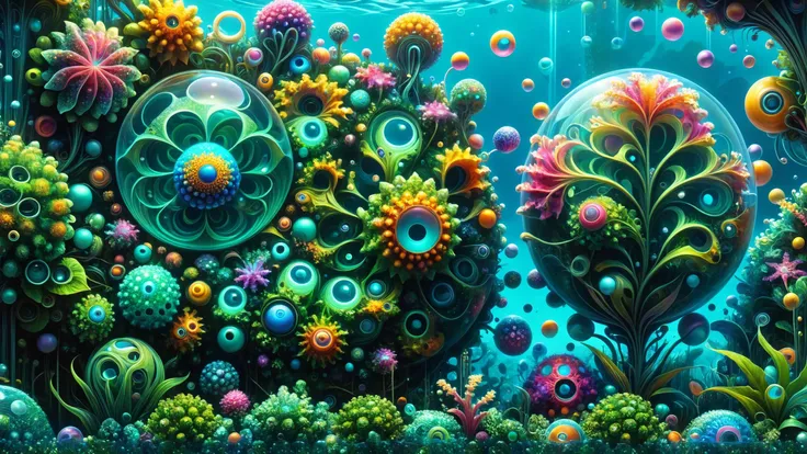 a painting of a colorful underwater scene with lots of flowers