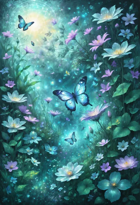 painting of a butterfly flying over a field of flowers