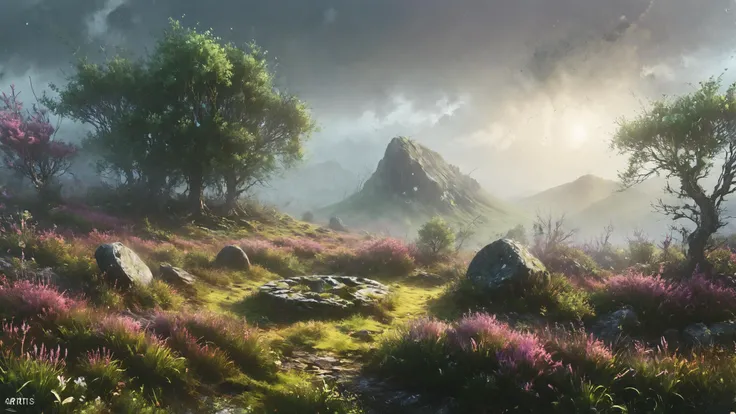 a close up of a grassy field with rocks and trees