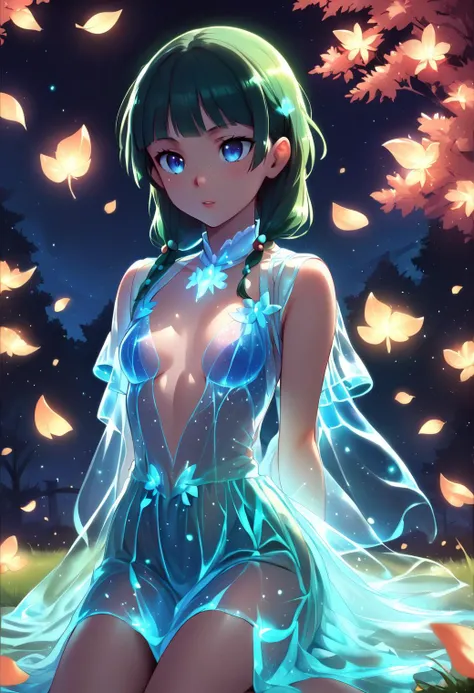 maomao, 1girl, solo, freckles, green hair, long hair, blue eyes, sidelocks, hair beads, low twintails, bioluminescent dress, sparkling dress, blue dress, petite, small breasts, sitting, kneeling, arms behind back, close-up, upper body, BREAK
outdoors, nigh...