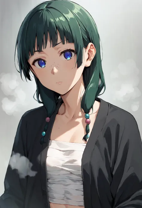 maomao, 1girl, solo, freckles, green hair, long hair, blue eyes, sidelocks, hair beads, low twintails, (black suit:1.2), steam, fog, bandaged chest, open clothes, BREAK
<lora:maomao_and_jinshi_ponyxl_v4:1>, score_9, score_8_up, score_7_up, score_6_up, anim...