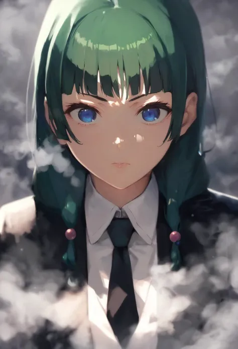 maomao, 1girl, solo, green hair, long hair, blue eyes, sidelocks, hair beads, low twintails, (black suit:1.2), steam, fog, collared shirt, black shirt, necktie, BREAK
<lora:maomao_and_jinshi_ponyxl_v4:1>, score_9, score_8_up, score_7_up, score_6_up, anime