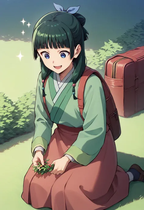 maomao, green hair, freckles, long hair, blue eyes, low twintails, backpack, bag, bush, grass, open mouth, outdoors, plant, smile, solo, sparkle, sitting, picking flowers, picking up, knees up, green hanfu, chinese clothes, long sleeves, wide sleeves, red ...