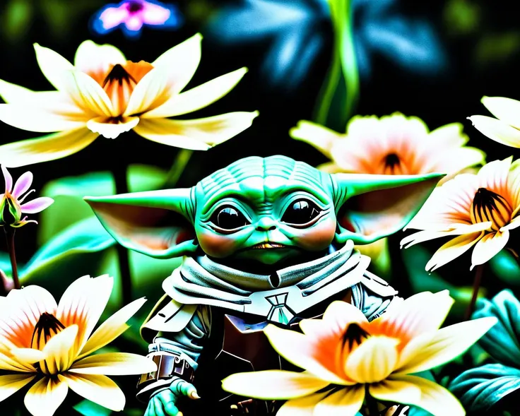 there is a toy yoda in a field of flowers