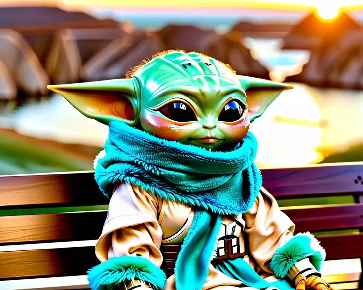 there is a baby yoda doll sitting on a bench