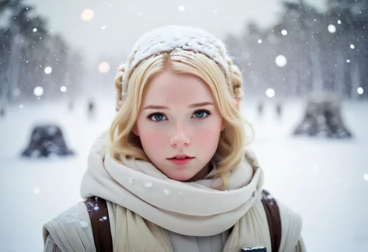 star wars, hoth, photograph of a cute girl, blonde hair, pale skin, freckles, blush, innocent, snowfall, bokeh, sharp focus on s...