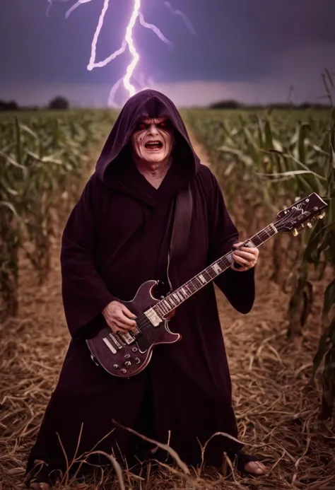 a man in a robe holding a guitar in a corn field