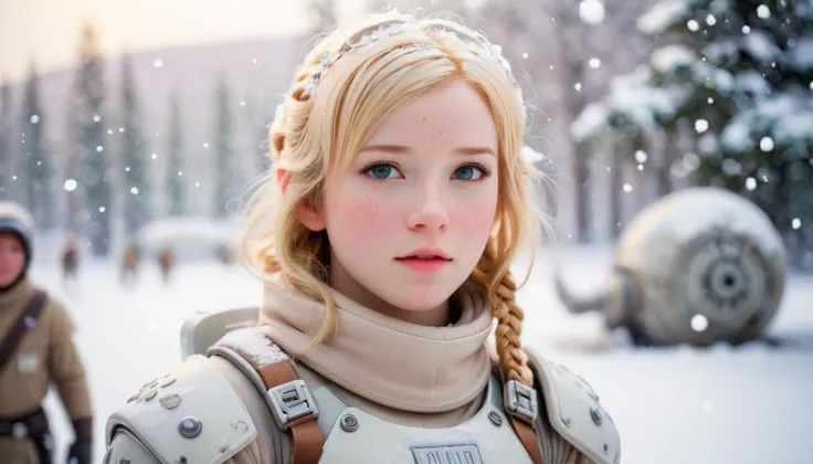 star wars, hoth, photograph of a cute girl, blonde hair, pale skin, freckles, blush, innocent, plastic armor, snowfall, bokeh, s...