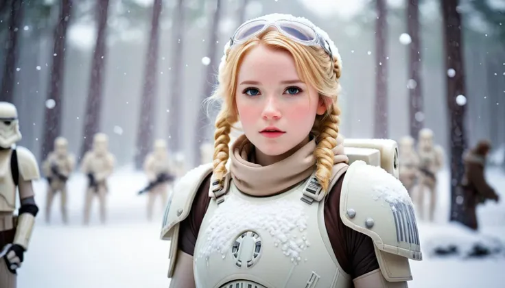 star wars, hoth, photograph of a cute girl, blonde hair, pale skin, freckles, blush, innocent, plastic armor, snowfall, bokeh, s...