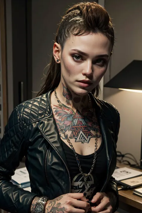 (masterpiece, best quality:1.2), <lora:clara_lille:.9>, clara lille, 1girl, solo, tattoo, jewelry, black hair, leather jacket, white top