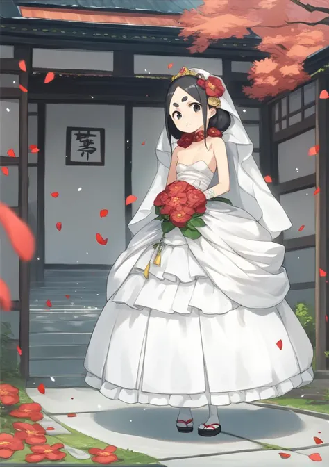 1girl, solo, black hair, low ponytail. long hair, black eyes, thick eyebrows, small breasts, japanese bride, bride, hood, head ornament, red flower chocker,  cowboy shot, full body, outdoors, japanese house  <lora:Chise AP:1>, score_9, score_8_up, score_7_...