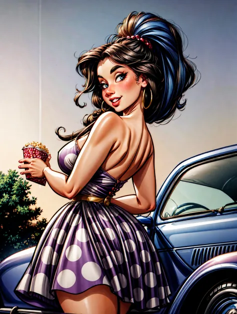 a close up of a woman in a dress holding a cupcake