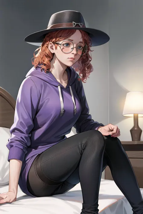 1girl, solo, absurdres, <lora:mikaelareid:0.7>, mikaelareid, hat, glasses, wearing purple hoodie with black leggings and white socks, sitting on bed, skulls, dark lightning, moonlight, bedroom background