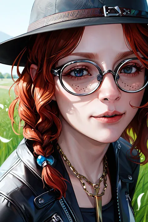 ((masterpiece)), (best quality), 8k, ultra-detailed, absurdress, close up, portrait, 1girl, beautiful detailed face, mikaelareid, <lora:mikaelaReidDeadBy_v10:0.55>, glasses, field of view, shirt, hat, jewelry, jacket, braid, boots, open clothes, belt, pant...