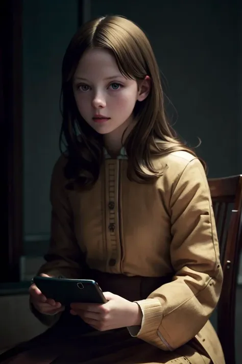 a close up of a person sitting on a chair holding a cell phone