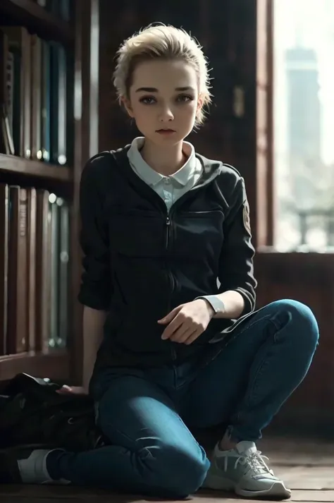 a woman sitting on the floor in front of a book shelf