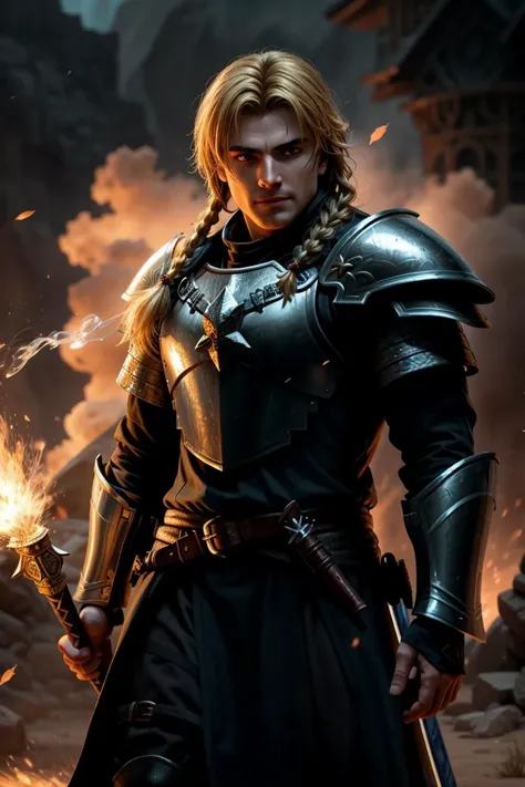 a man in armor holding a sword standing in front of a fire