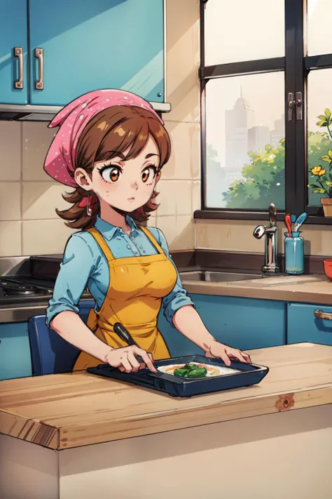 masterpiece, best quality, cookingmama, kitchen, brown eyes <lora:CookingMama:1> <lora:add_detail:0.7>