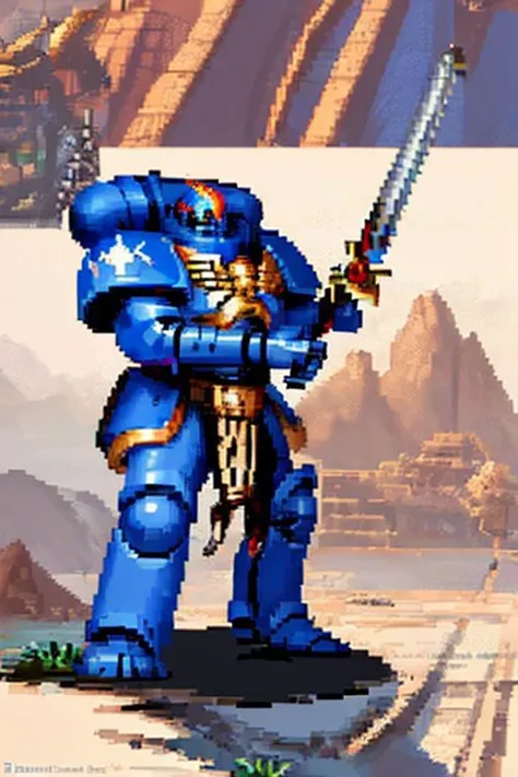 a close up of a blue warhammer with a sword in his hand