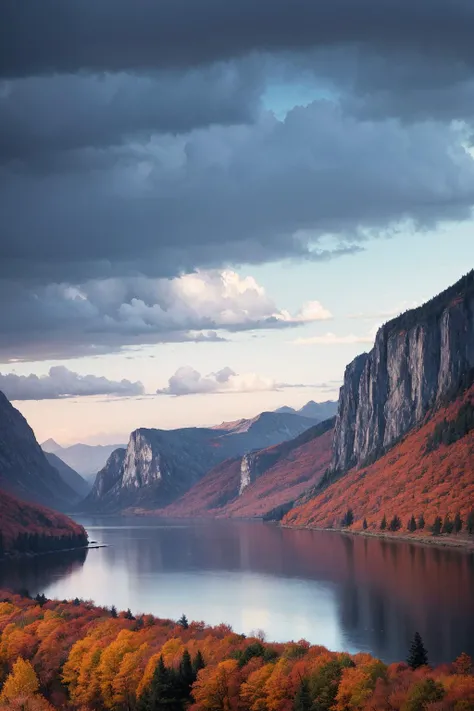 photo RAW,(autumn,mountains and a storm lake with a moon in the sky, old wooden slab home, 4k highly detailed digital art, 4 k hd wallpaper very detailed, impressive fantasy landscape, sci-fi fantasy desktop wallpaper, 4k wallpaper, 4k detailed hdr photogr...