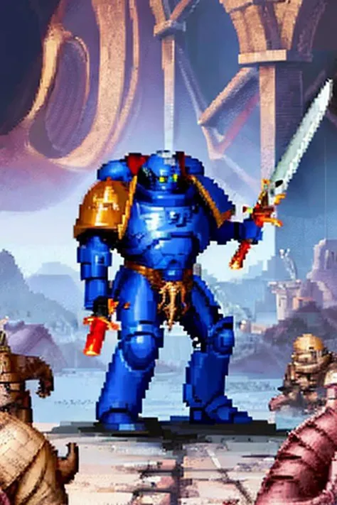 Primaris, helmet closeup, best quality, digital art, masterpiece, sci-fi, holding chainsword, <lora:Primarismarines3-20:0.9> PixelArt