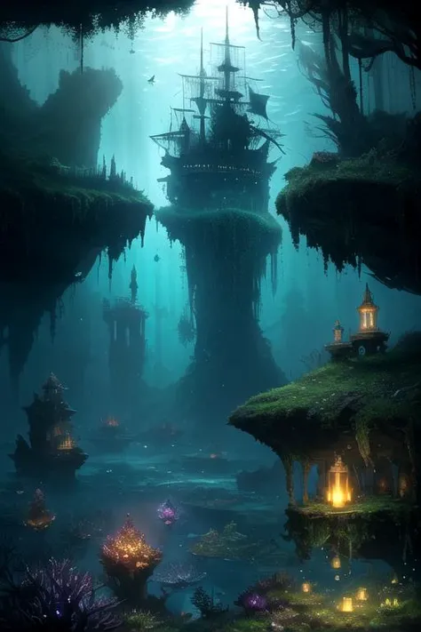 Underwater sank ship, high-fantasy, magical effects, hyper realistic, hyper detailed, mysterious air, ancient and abandoned, grown-over, luminescent moss, dark atmosphere, glowing lights spread evenly, very aesthetic, beautiful underwater scenery in the ba...