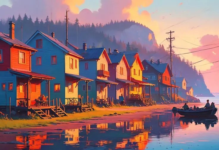 "Ilya Kuvshinov" style, 
fishing village in the morning, 
morning lights, 
Fantasy Illustration, 
magical lights scattered everywhere, 
Long shadows, 
"Simon Stalenhag" style, 
Cinematic, Dramatic, Dynamic, Saturated,  
Extremely refined lines and and shap...