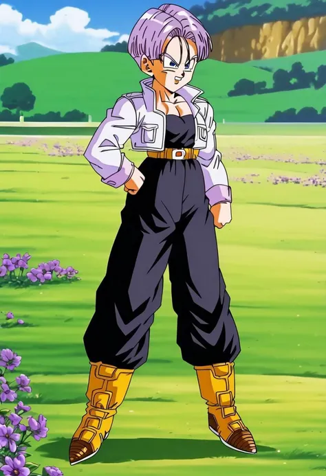 trunks, wearing white jacket, high waist black trouser, high ankle boots, in a purple flower field,