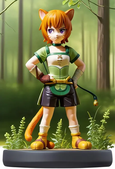 score_9, score_8_up, score_7_up, amiibo, figure, solo, full body, <lora:Amiibo_pdxl_Incrs_v1:1>,  lethe, cat tail, cat ears, whisker markings, purple eyes, short hair, forest, side slit shorts, short sleeves, hand on hip, smirk