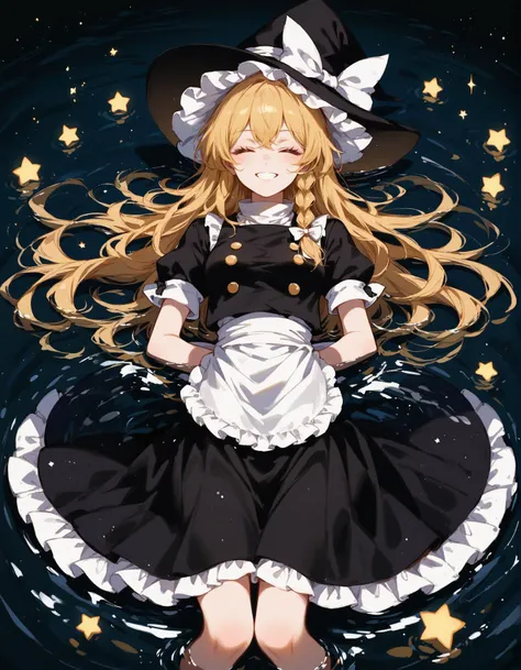 score_9, score_8_up, score_7_up, source_anime, BREAK 1girl, kirisame marisa, blonde hair, closed eyes, single braid, happy,  medium breasts, witch hat, white ribbon, black skirt, black shirt, short sleeves, waist apron, frill trim, full body, lying on back...